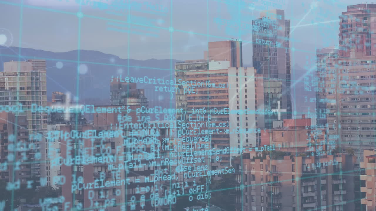 animación de la red de conexiones y procesamiento de datos sobre el paisaje urbano