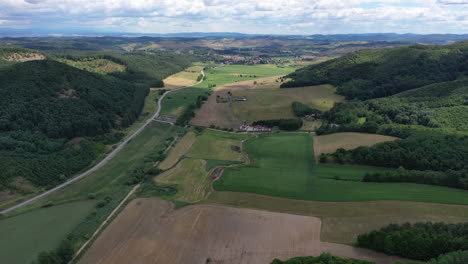 Aerial-view-road-trip-through-a-forest-sunny-day