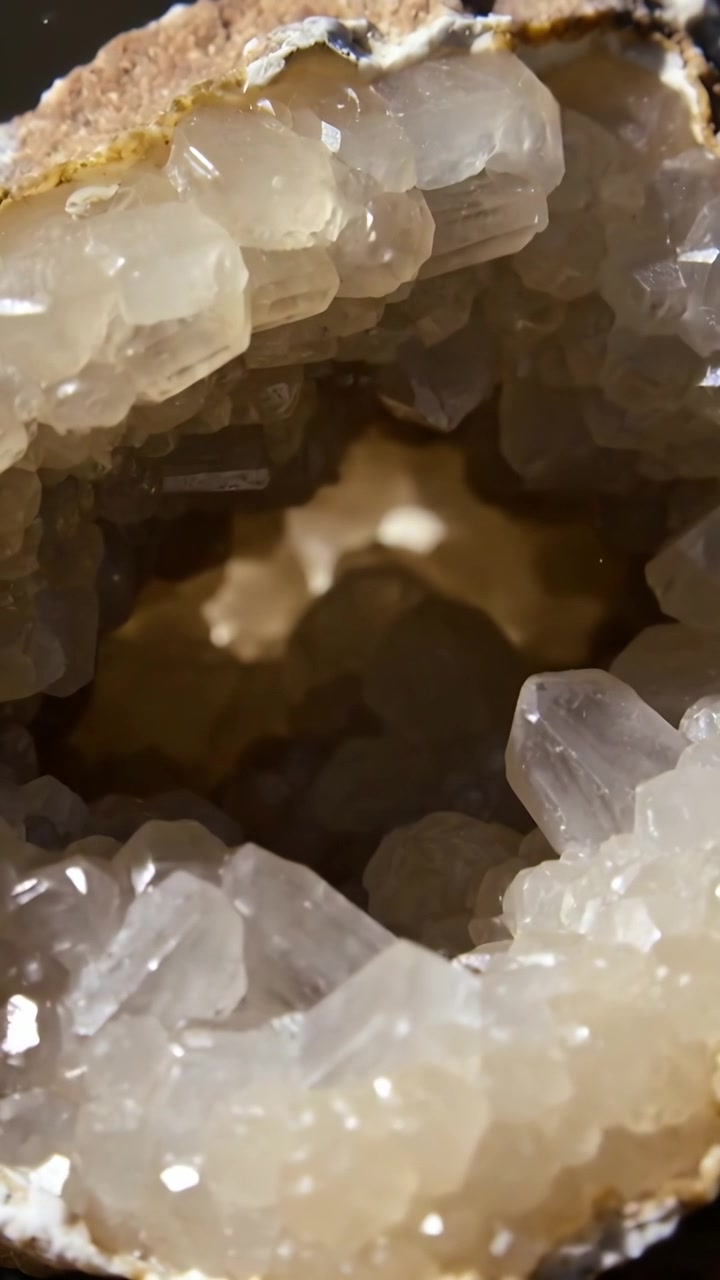 Vertikales Video: Neigende Kamera enthüllt eine hohle Geode auf einem dunklen Tisch, die einen braunen Rand und Kristalle zeigt.