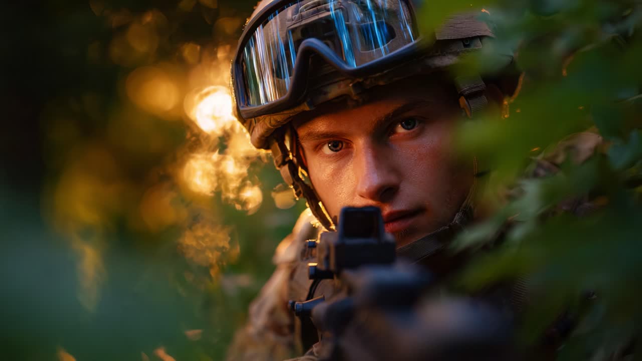 Soldato concentrato in tenuta tattica che punta il fucile mimetizzandosi tra le foglie, catturando l'intensità e la concentrazione di un combattimento militare al tramonto
