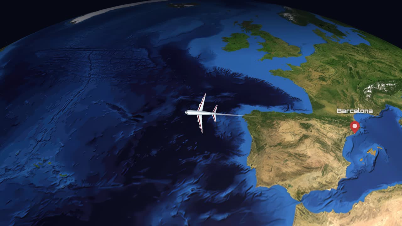 Satellite view animation follows a commercial airplane flying across the Atlantic Ocean to Miami