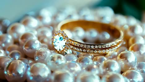 a couple of gold wedding rings sitting on top of a pile of pearls