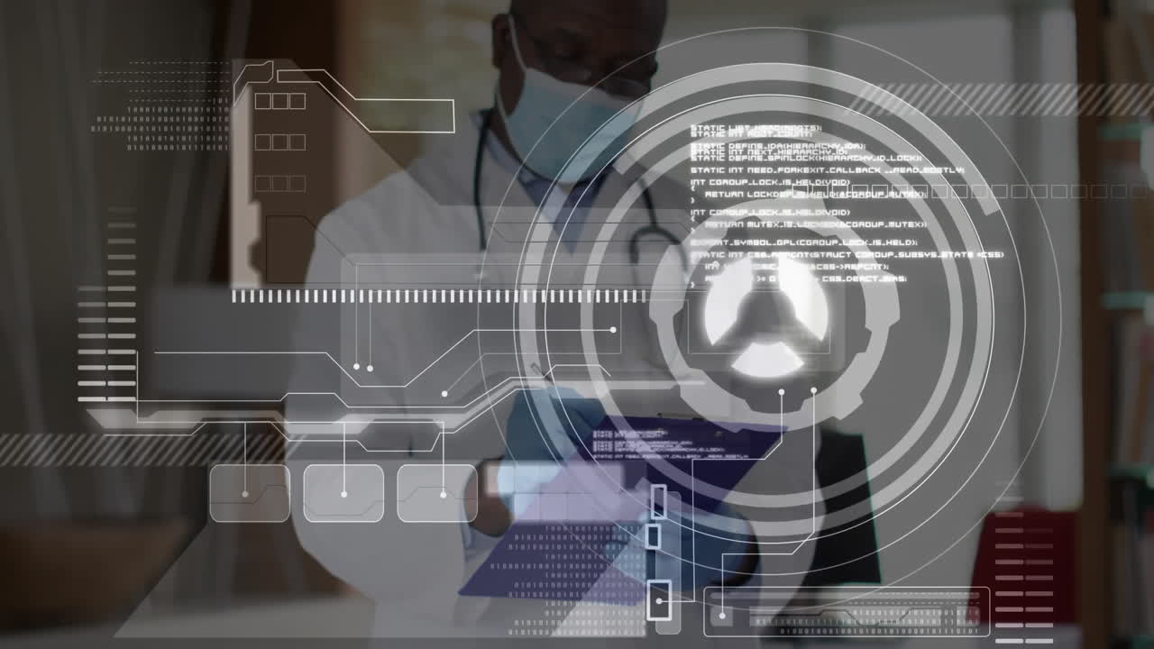 Senior male doctor reviewing digital tablet in medical office, using holographic data overlays