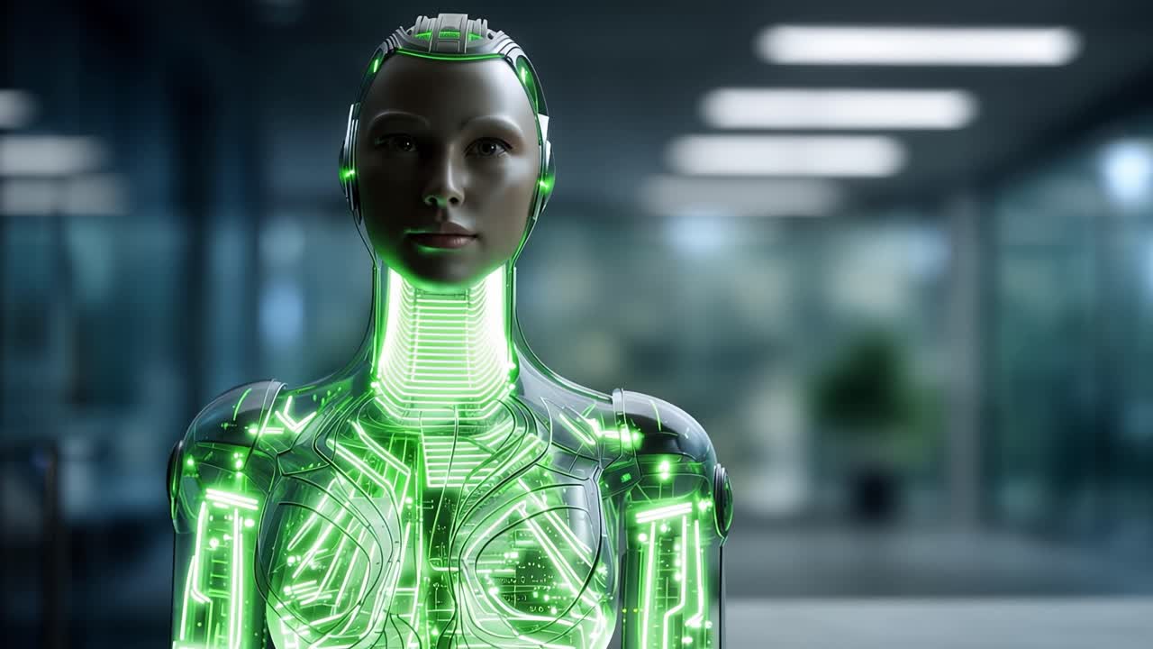 Robot umanoide con circuiti verdi luminosi che gira la testa.