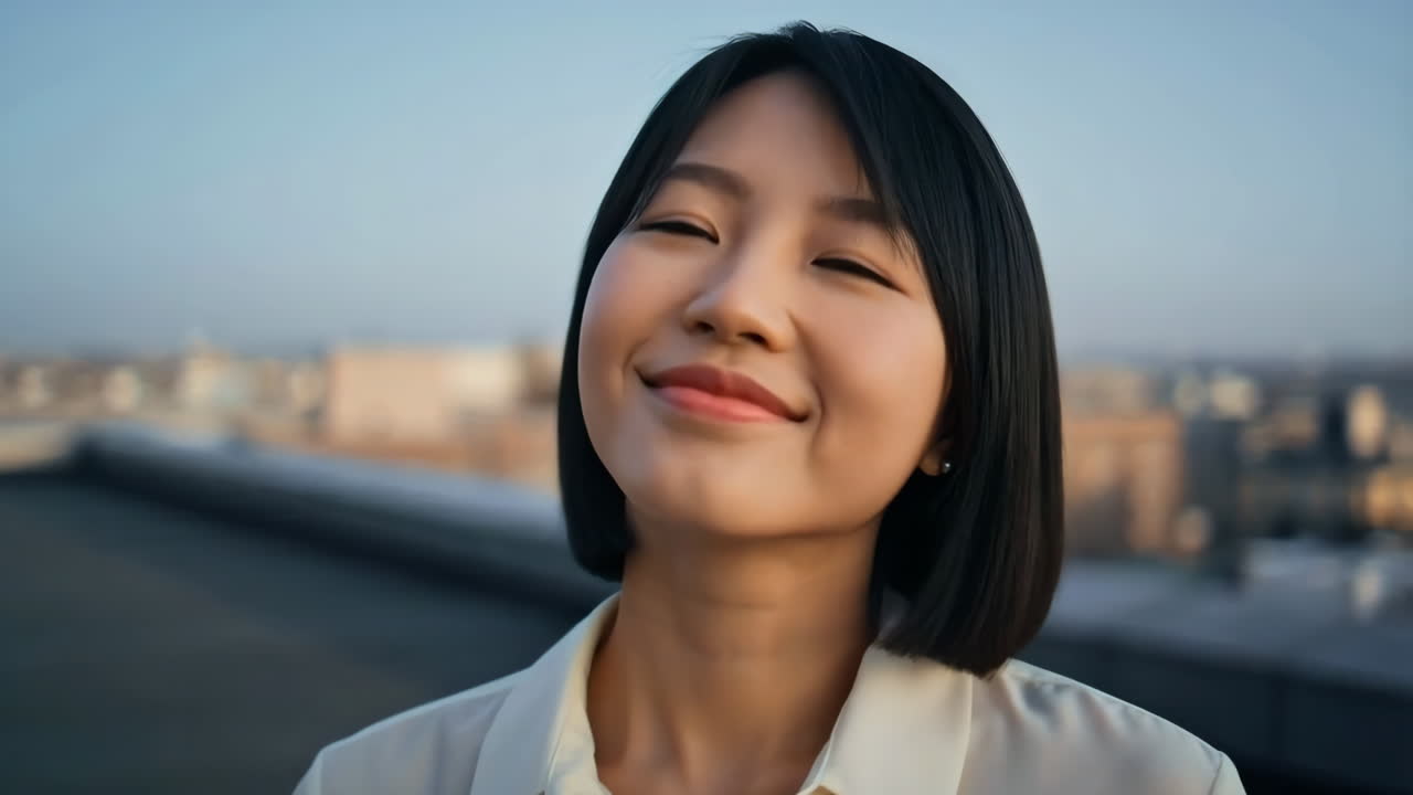 Young Asian Woman Smiling Peacefully on a Rooftop