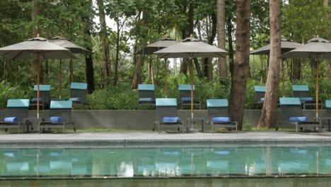 view at poolside beach lounge of the holiday summer vacation resort vacation in summer daytime among coconut natural trees near tropical beach