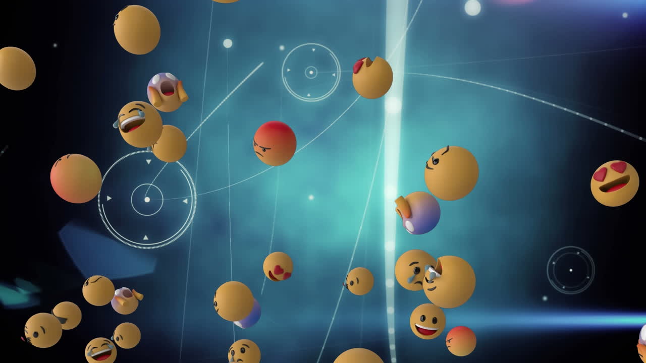 빛나는 연결 네트워크에 대해 떠다니는 여러 얼굴 이모티콘의 디지털 애니메이션