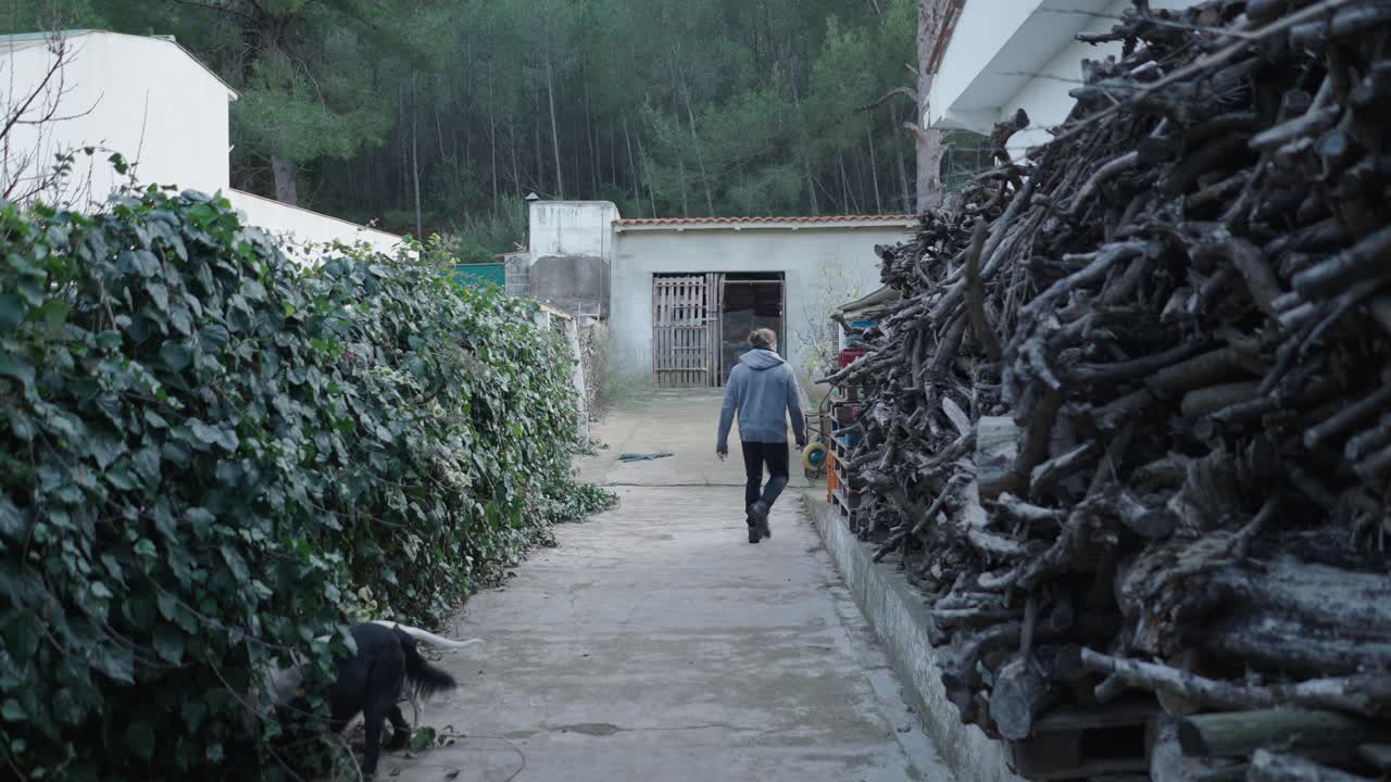 Man walking down a path in a rural setting with a dog