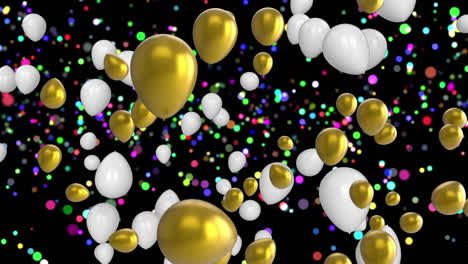 animación de globos dorados y blancos volando sobre luces coloridas brillantes