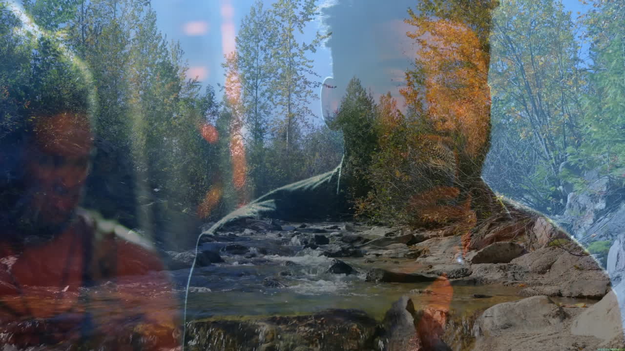 two men blending double-exposure river animation with marketing design elements in studio forest
