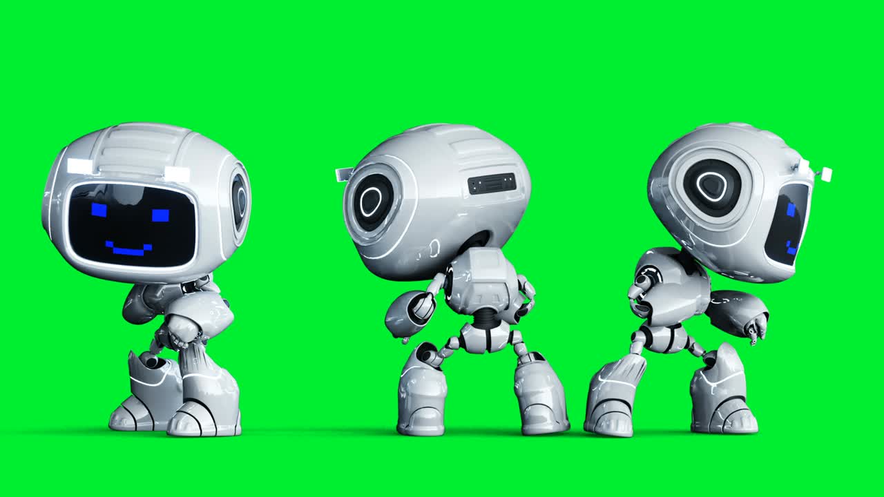 animación de robot de juguete blanco sonriente. desenfoque de movimiento físico. animación realista en pantalla verde 4k. pantalla verde