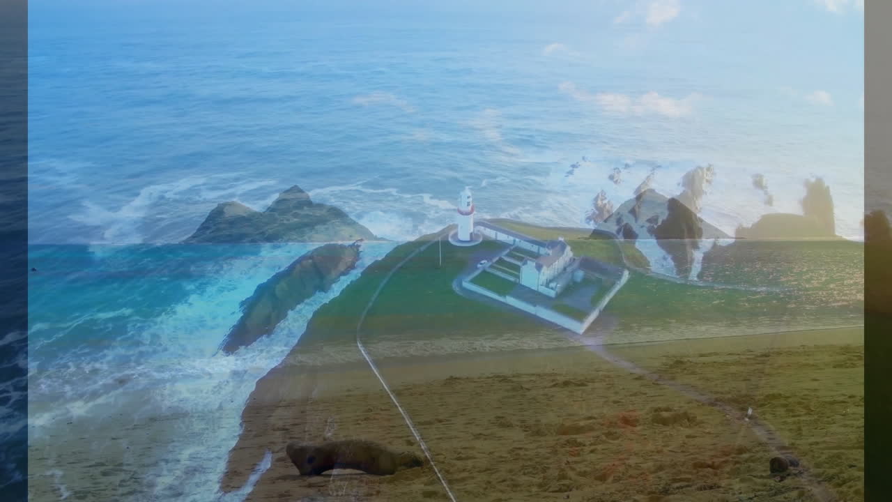 Blending animation of lighthouse and coastal landscape with ocean waves in artwork
