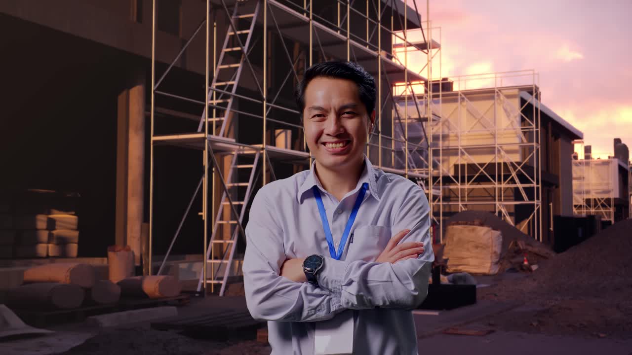 Scatti di un lavoratore professionista asiatico in piedi in un cantiere edile per una nuova casa, con un ampio sorriso rivolto alla camera e le braccia incrociate sul petto