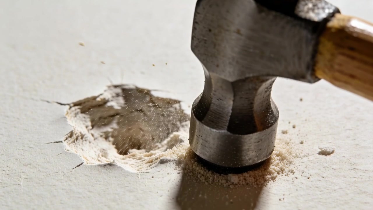 Martello d'acciaio che si solleva e colpisce ripetutamente un chiodo in un muro a secco strappato, in primo piano, affondando il chiodo e creando polvere.