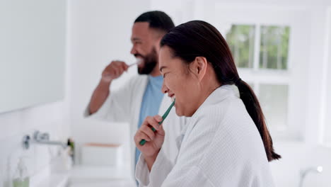 Bathroom,-dental-hygiene-and-couple-brushing