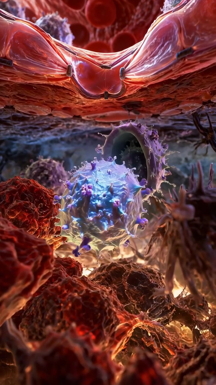 Close vertical view follows glowing blue and violet spherical forms moving downward through layered red tissue textures, with warm backlighting, soft focus, and suspended disc-like cells.
