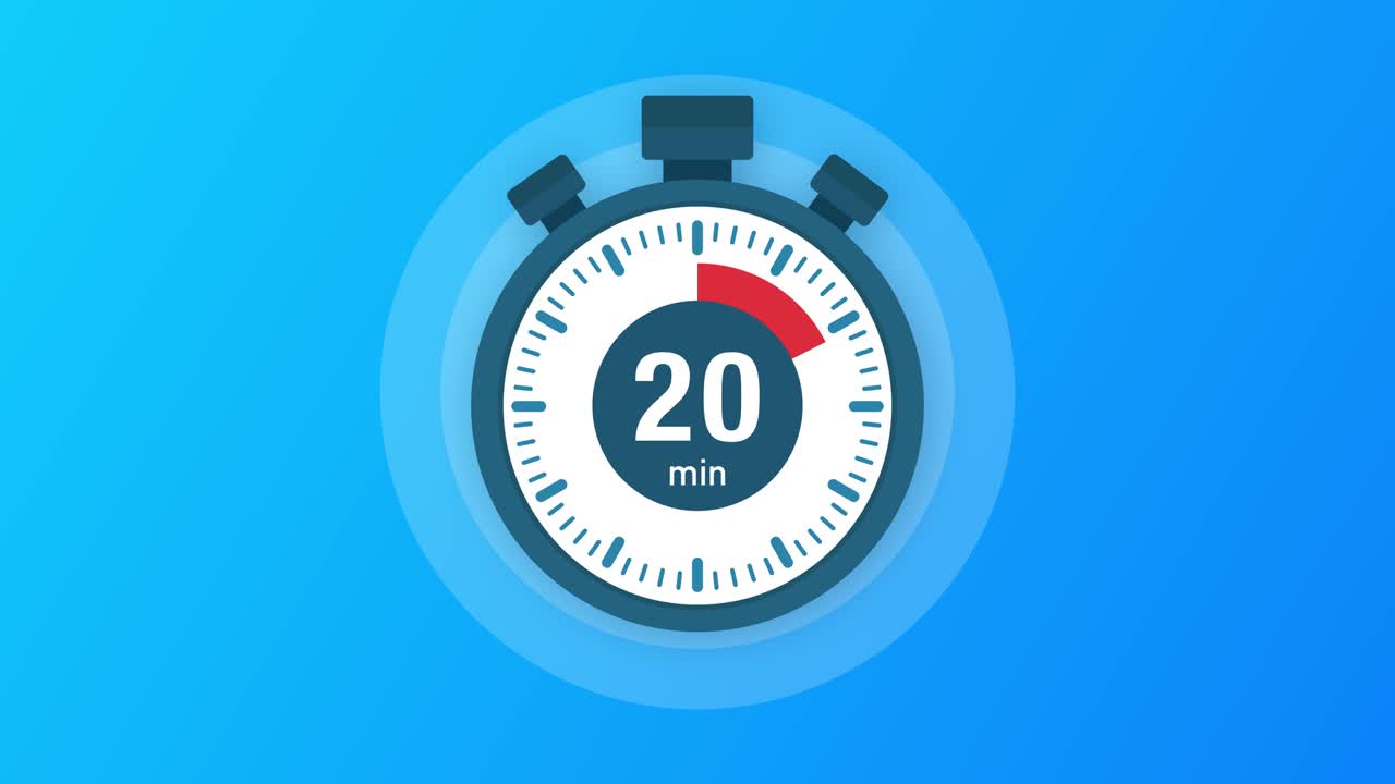 The 20 minutes, stopwatch icon. Stopwatch icon in flat style, timer on on color background. Motion graphics.