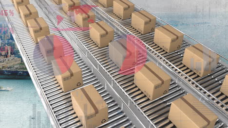 animation of statistics processing over cardboard boxes on conveyor belts