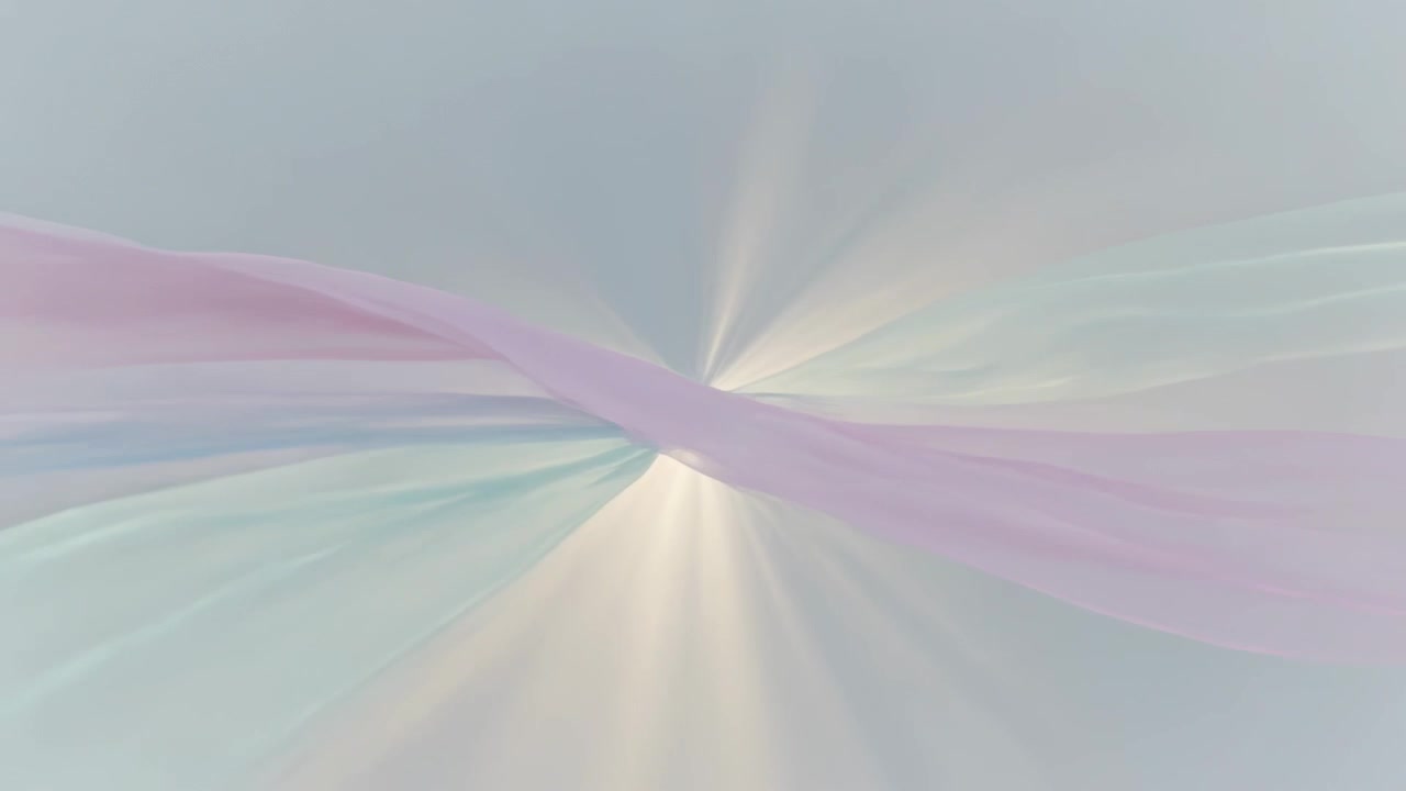 Entering from edges, pink and teal ribbons crossing on pale digital canvas, meeting center glow