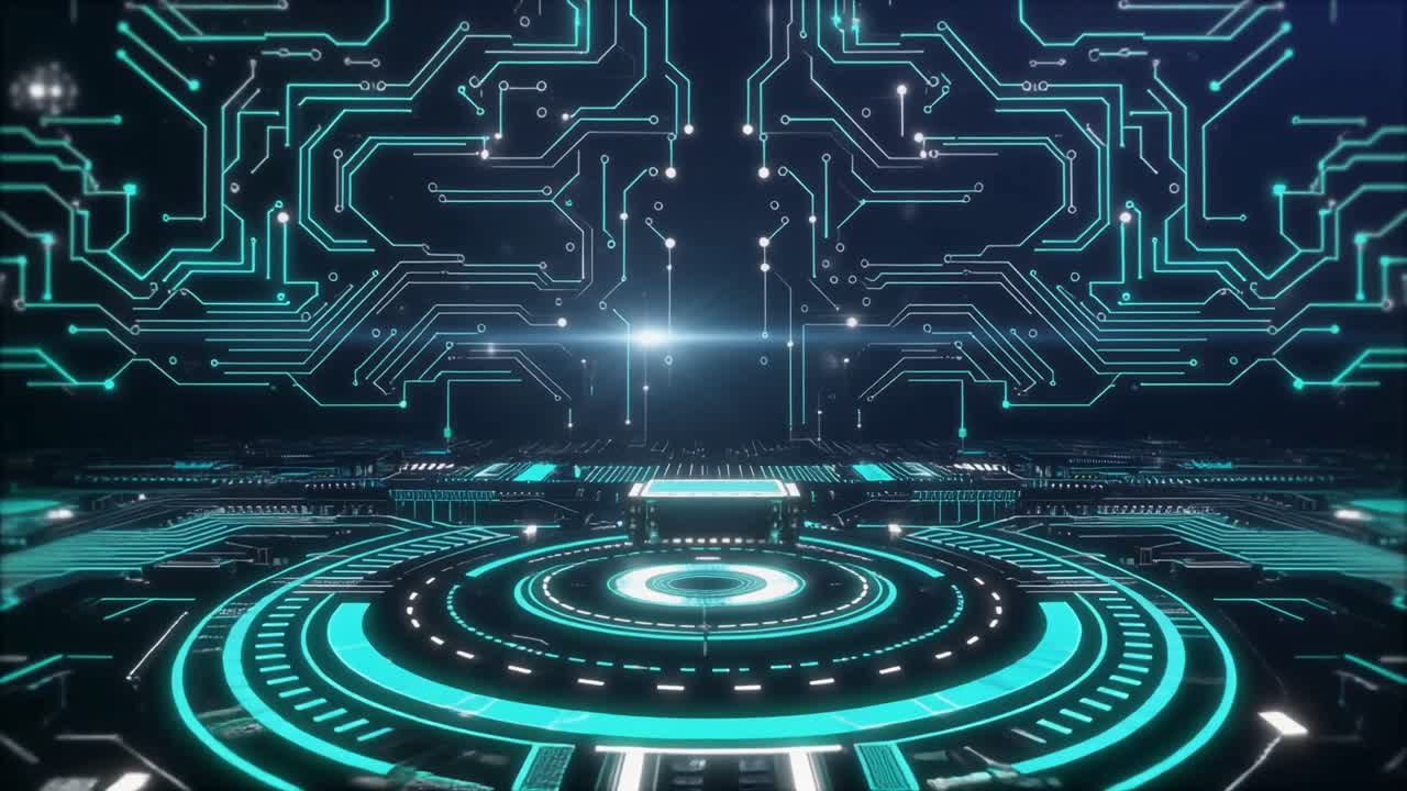Animeret digitalt printkort med glødende dataflow og processor