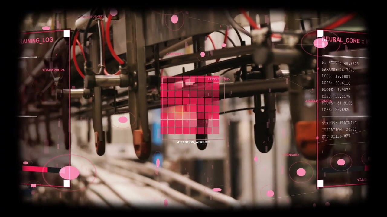 IA detectando movimiento de pinza, activando la cuadrícula de atención y actualizando las métricas NEURAL_CORE para la fábrica