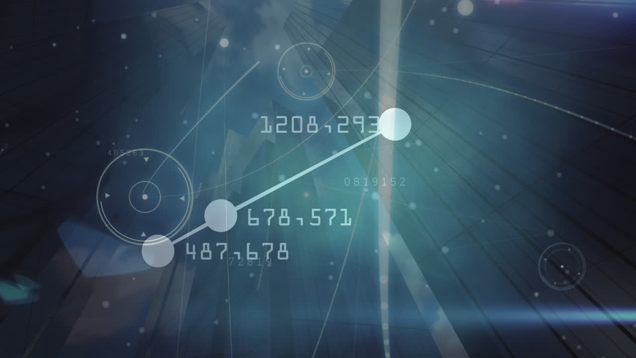 animación de conexiones con números sobre luces y rascacielos