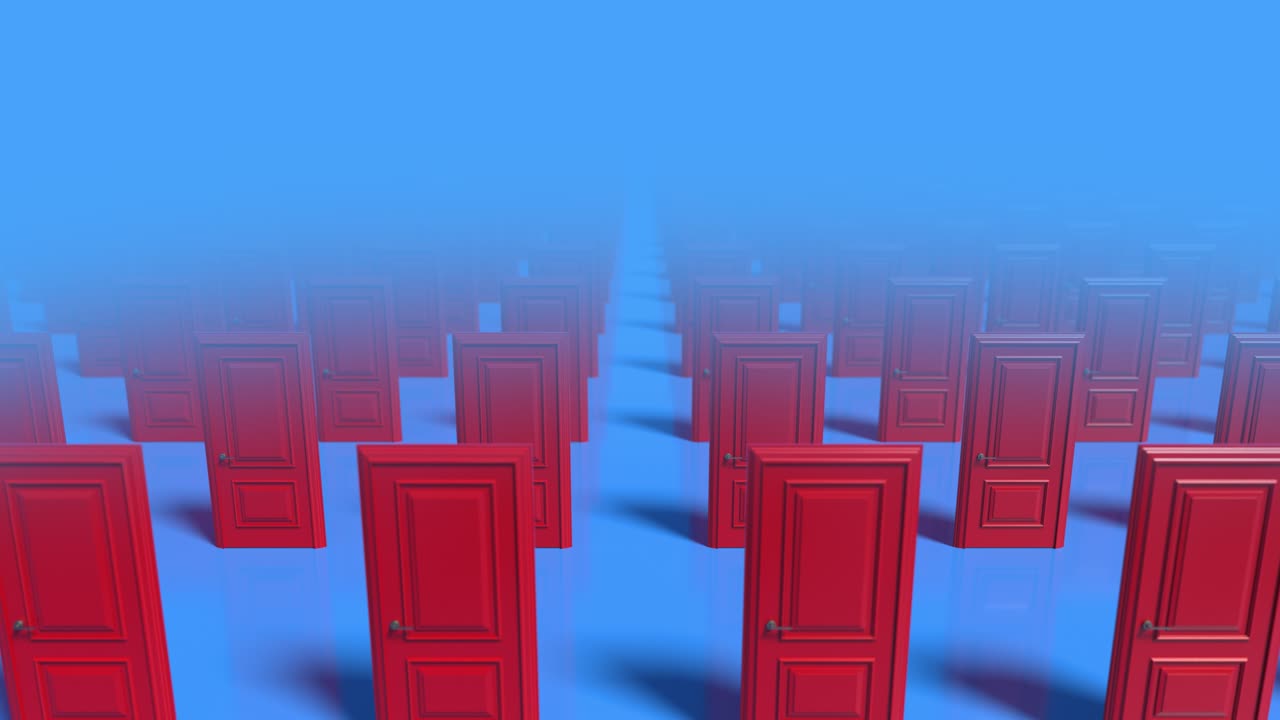 Rows of red wooden closed doors on a blue background. Decision making concepts, different possibilities. Choice, business and success concept. Welcome, new opportunity. Fog. 3d animation loop, 4K