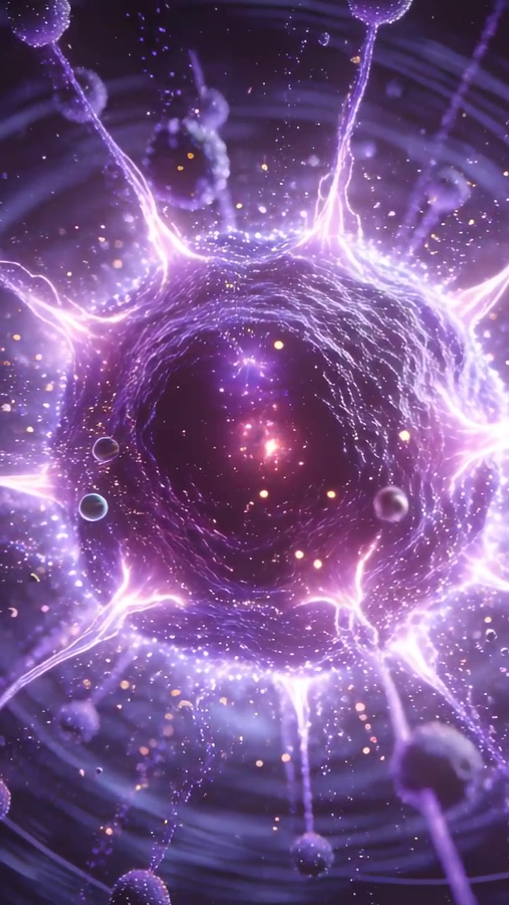 Video verticale: Nucleo pulsante che accende una sfera viola che invia filamenti in un campo spaziale, nodi in orbita.