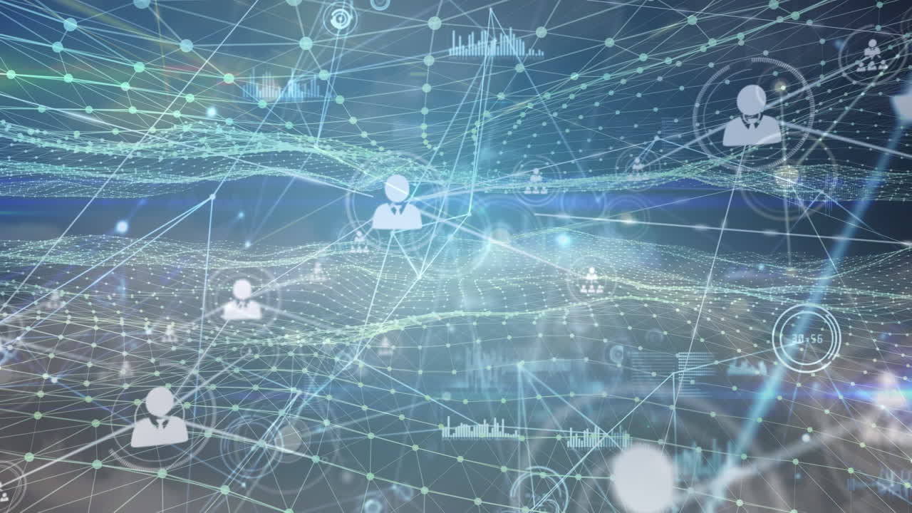 파란색 배경에 아이콘과 데이터 처리를 가진 연결 네트워크의 애니메이션