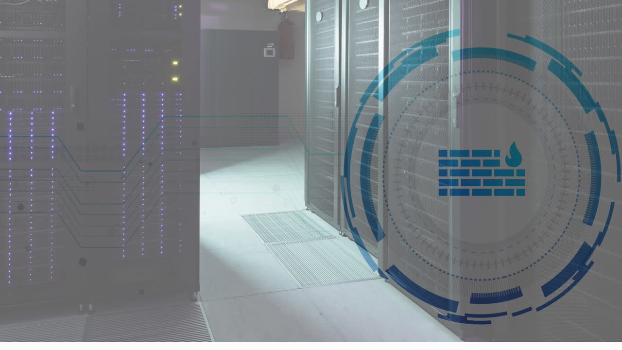 Animation of firewall icon in loading circles over illuminated server racks in server room
