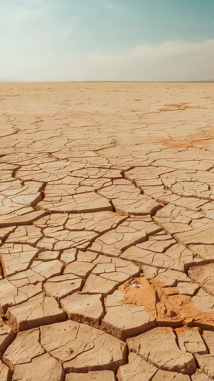 Video verticale: fotocamera che si avvia, fango secco che si estende sulla spiaggia, mostrando chiazze di sabbia arancione