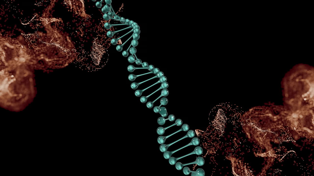 animación de la hélice de adn sobre puntos que forman un patrón de onda dinámica contra un fondo negro