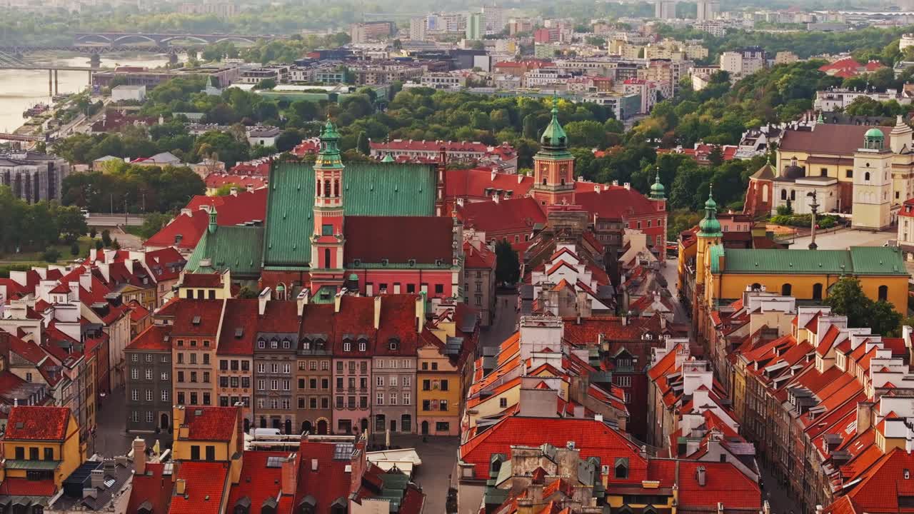 Cinematic tele view of Warsaw Old Town symbolizing Poland’s role in EU unity