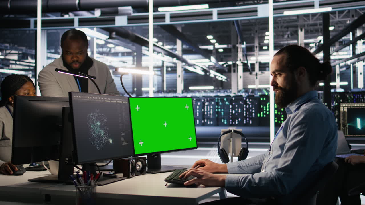 Vertical video Engineer using green screen mockup PC in data center to update servers
