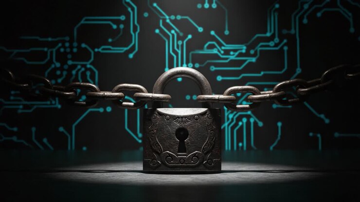 A Close-Up View of a Vintage Padlock Surrounded by an Intricate Chain and Glowing Circuitry, Symbolizing Security, Protection, and Digital Safeguarding in Modern Technology