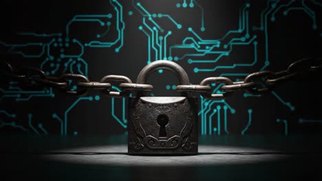 a close-up view of a vintage padlock surrounded by an intricate chain and glowing circuitry, symbolizing security, protection, and digital safeguarding in modern technology