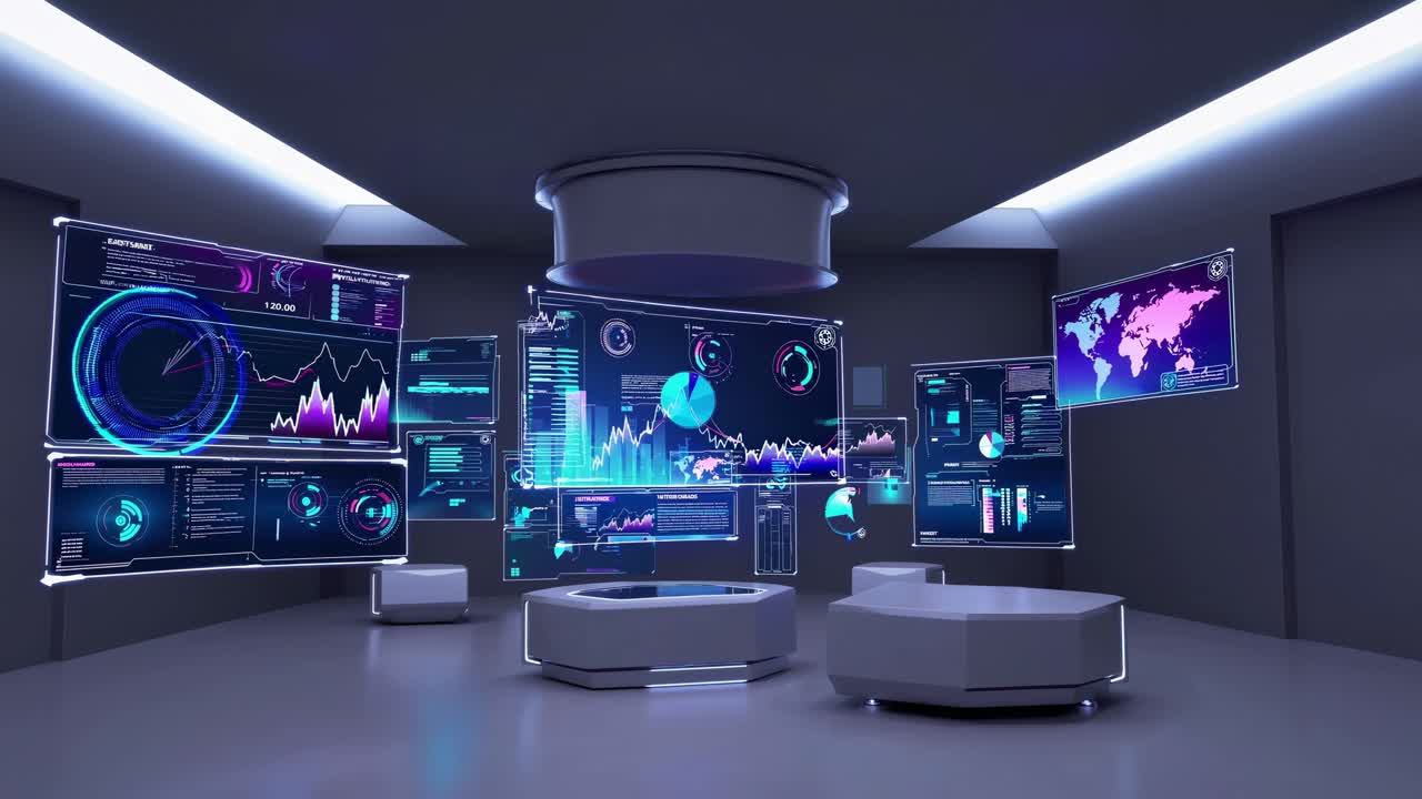 Sala di controllo futuristica con schermi olografici che mostrano dati