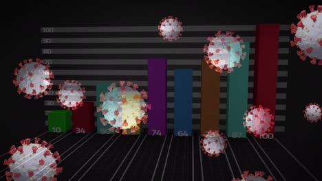 Digitale-Animation-Mehrerer-Covid-19-Zellen-Vor-Statistischer-Datenverarbeitung-Auf-Schwarzem-Hintergrund