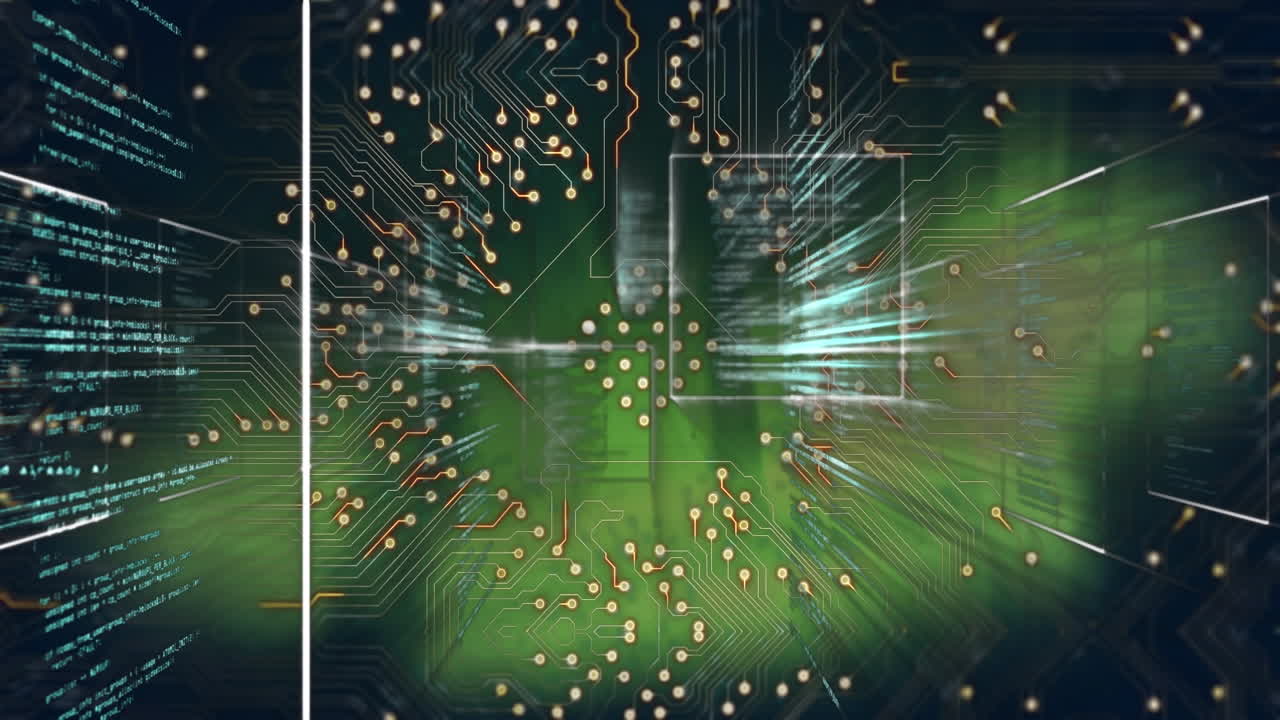 animación de pantallas con procesamiento de datos y conexiones de microprocesador contra un fondo verde.