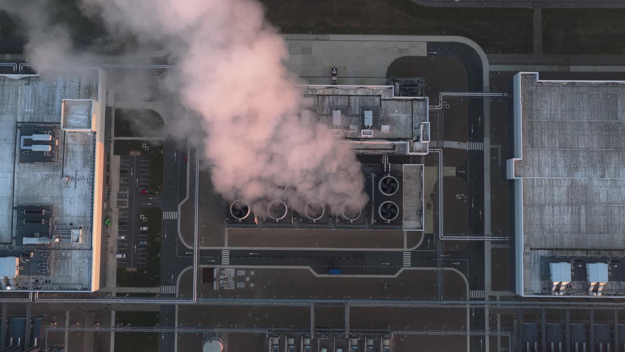 Aerial top down view of a data center emitting vapor