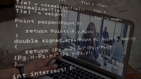 animation of data processing over diverse business people on laptop video call