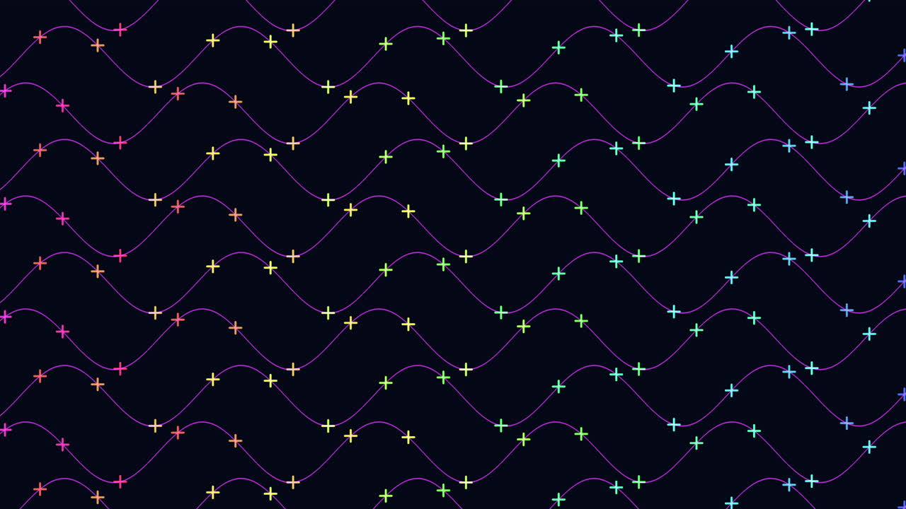 Abstract animated pattern of glowing neon sine waves and plus signs drifting across a dark background, ideal for technology themes, data visualization, and modern design