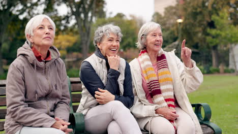 senior, women and friends pointing in park