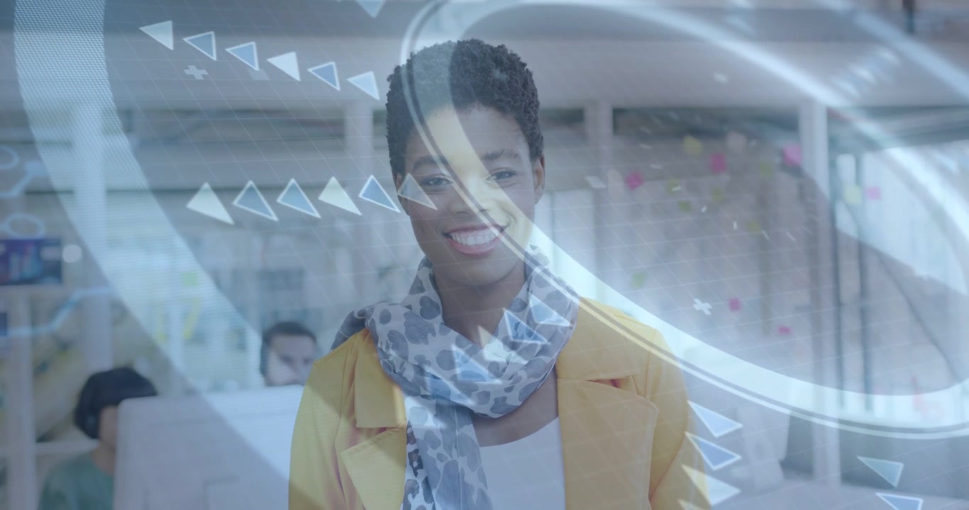 Woman smiling and looking as soft arcs entering from left sweeping rightward, signaling team warmth