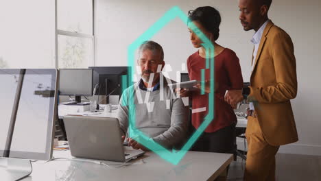 animation of nft text and connections over diverse business people in office