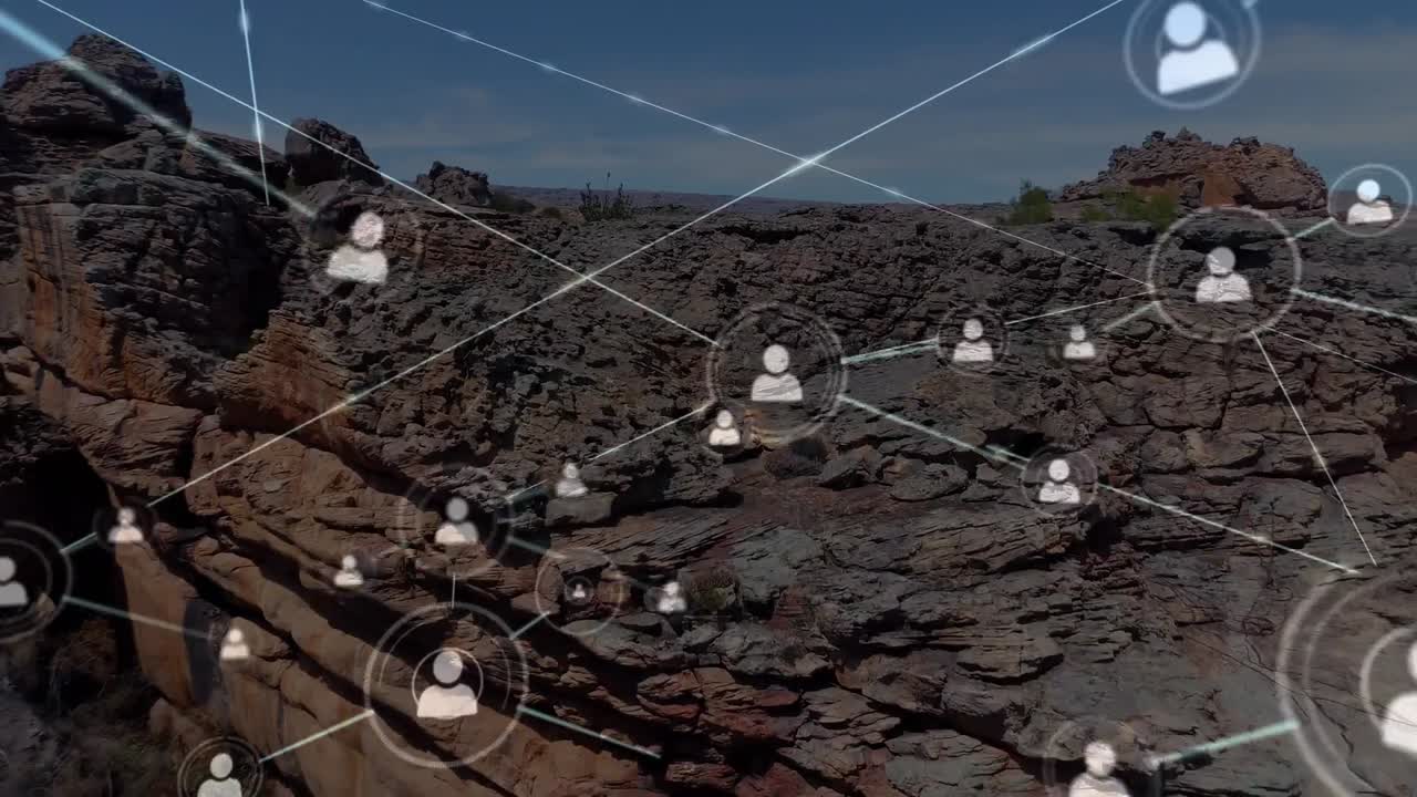 풍경 위의 아이콘으로 연결된 네트워크의 애니메이션