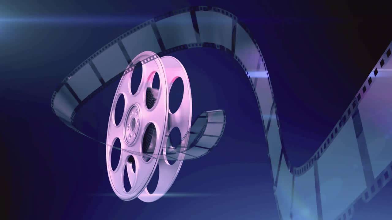 Animazione Cinematografica di Bobina di Pellicola con Striscia che si Srotola e Bagliori di Luce