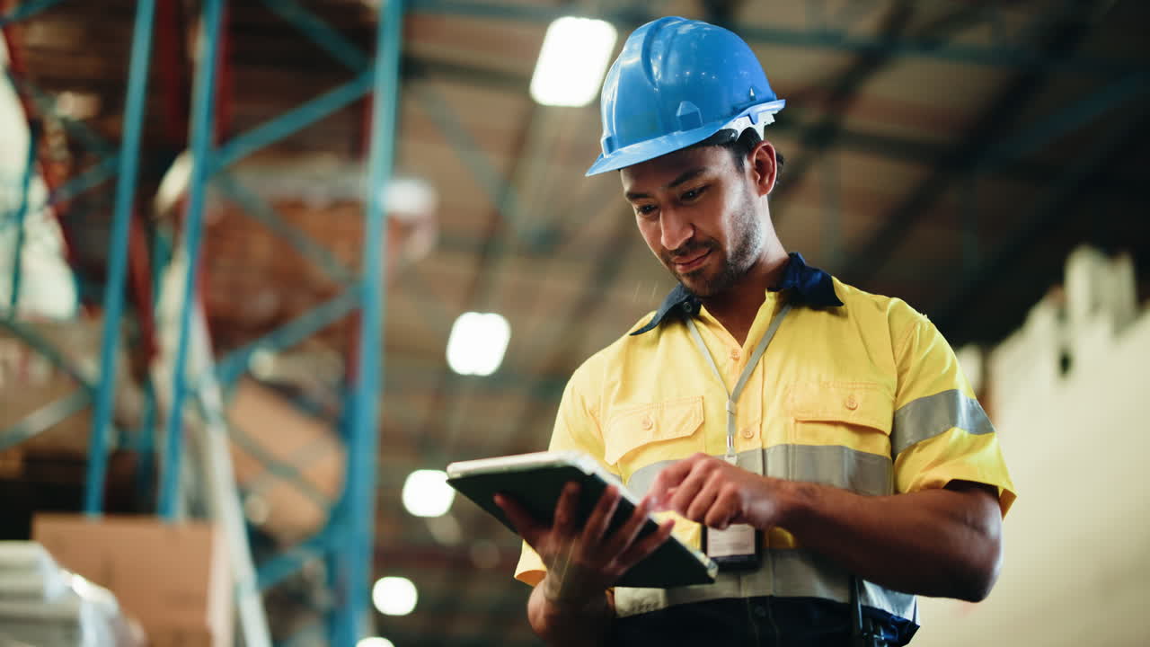 Warehouse Worker Using Digital Tablet for Inventory Check