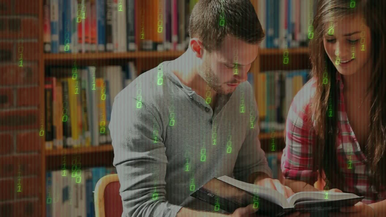 Study partners flipping pages in library while page flips starting binary overlay flooding book