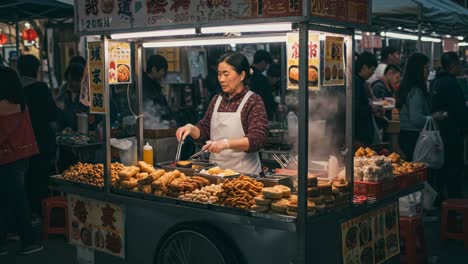 busy night market stall serving delicious street food, featuring a skilled vendor preparing various fried delicacies with fresh ingredients amidst a crowd